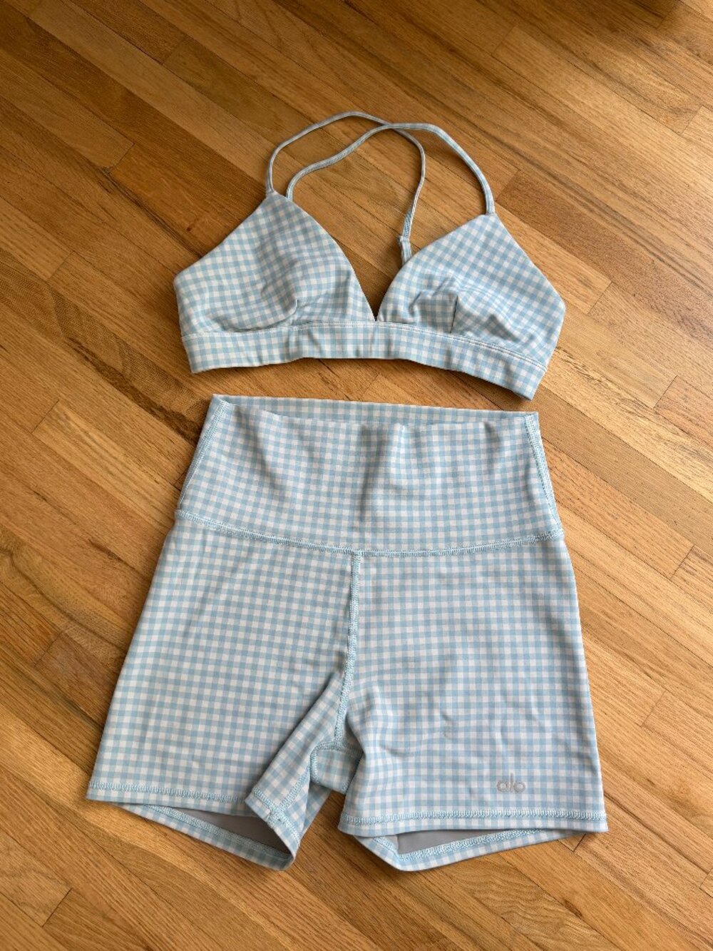 alo yoga - blue gingham - sports bra and bike short set - size small - Picture 2 of 6